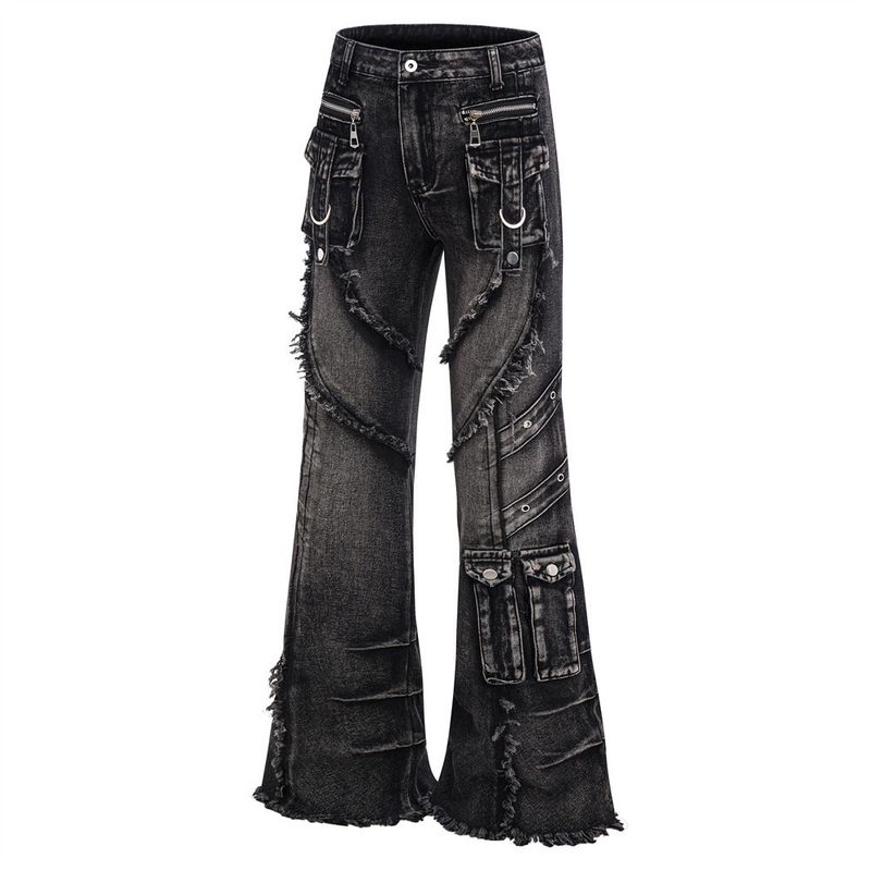 Men's Deconstructed Workwear Jeans - Raw Hem Bootcut Pants With Lace-Up Detail (Charcoal, S-3XL)_voghion.com