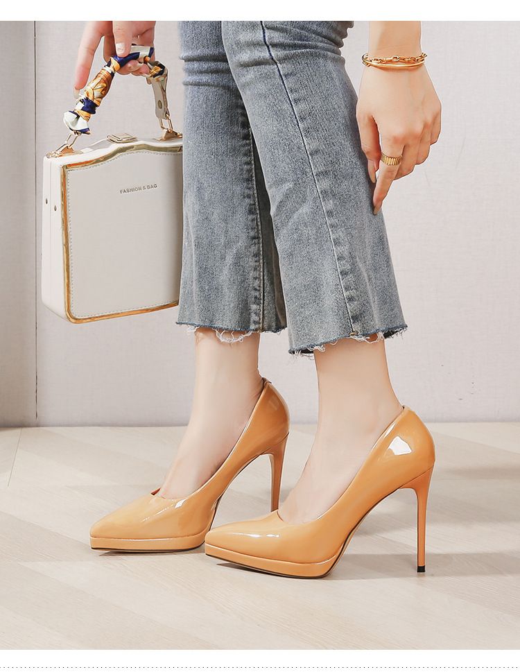 968-10 Tacco sottile ultra alto, plateau impermeabile, fibbia quadrata, cinturino posteriore cavo in vernice, da donna, singole_voghion.com