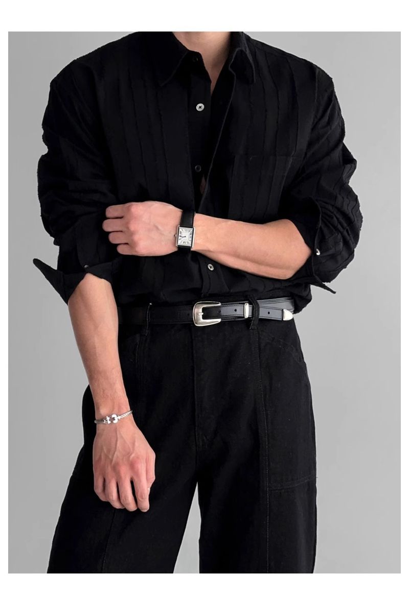 Camicia a maniche lunghe sottile con tasca in tinta unita da uomo, primavera e autunno, Dongdaemun, nuova camicia a nicchia larga strutturata di fascia alta_voghion.com