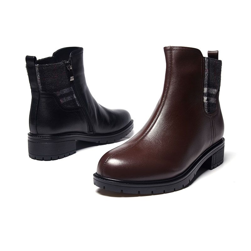 AEE First Layer Cowhide Plaid Side Zipper Winter Boots_voghion.com