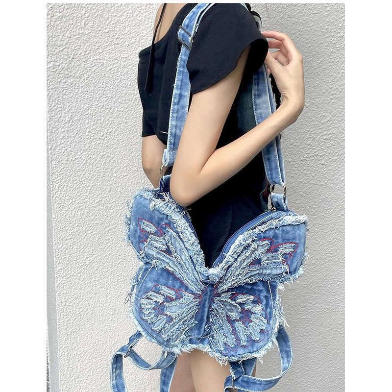 Dizaino tendencijos „Butterfly“ džinsinio stiliaus kuprinės per petį_voghion.com