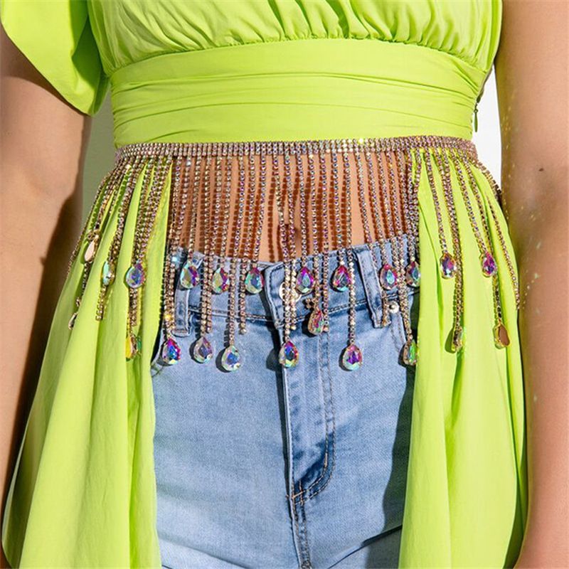 Ins colorato nappa scintillante strass gonna ballerina palco performance cintura catena vita night club regina accessori_voghion.com