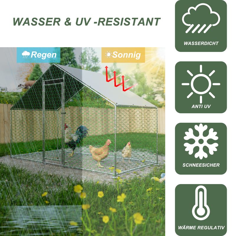Hühnerstall Freilaufgehege 3x1,5x2m Mit Sicherheitsschloss Und Wasserdichtes PE-Tuch, Kleintiergehege Aus Metall Für Hühner, Kaninchen Und Weitere Kleintiere_voghion.com