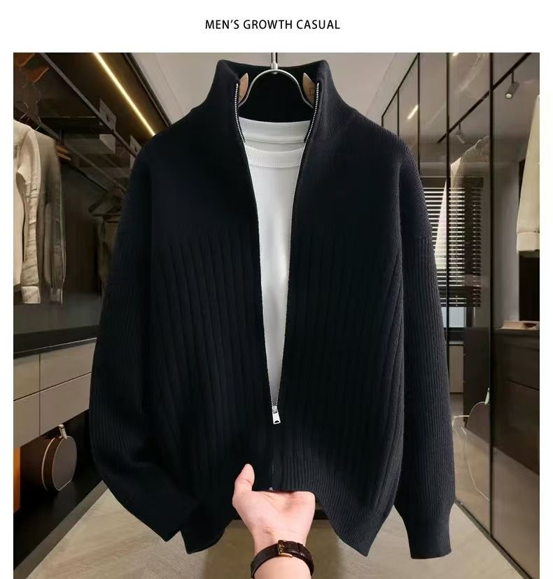 Men's Knit Cardigan Sweater With Stand Collar & Zipper - Solid & Striped Casual Pullover For Autumn & Winter_voghion.com