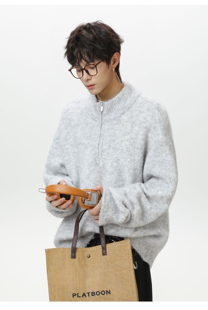 Half Zipper Stand-up Collar Pullover Sweater Men's Autumn And Winter Style Texture Warm Lazy Wind Loose Half Turtleneck Knitted Sweater Jacket_voghion.com