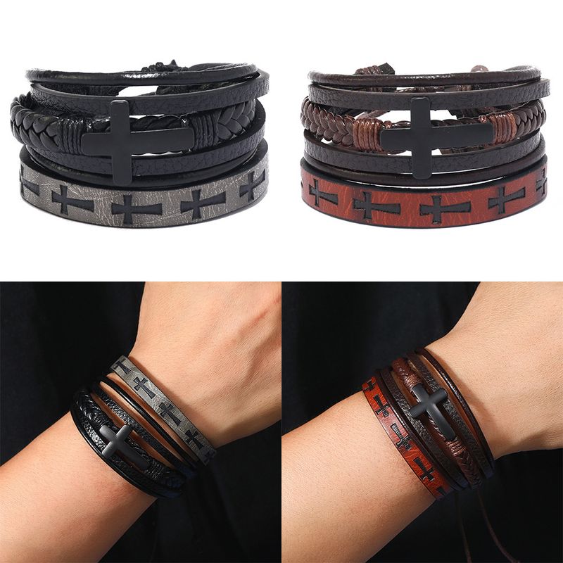Bracciale da uomo in pelle intrecciata multistrato, semplice, con accessori a croce, in due pezzi_voghion.com