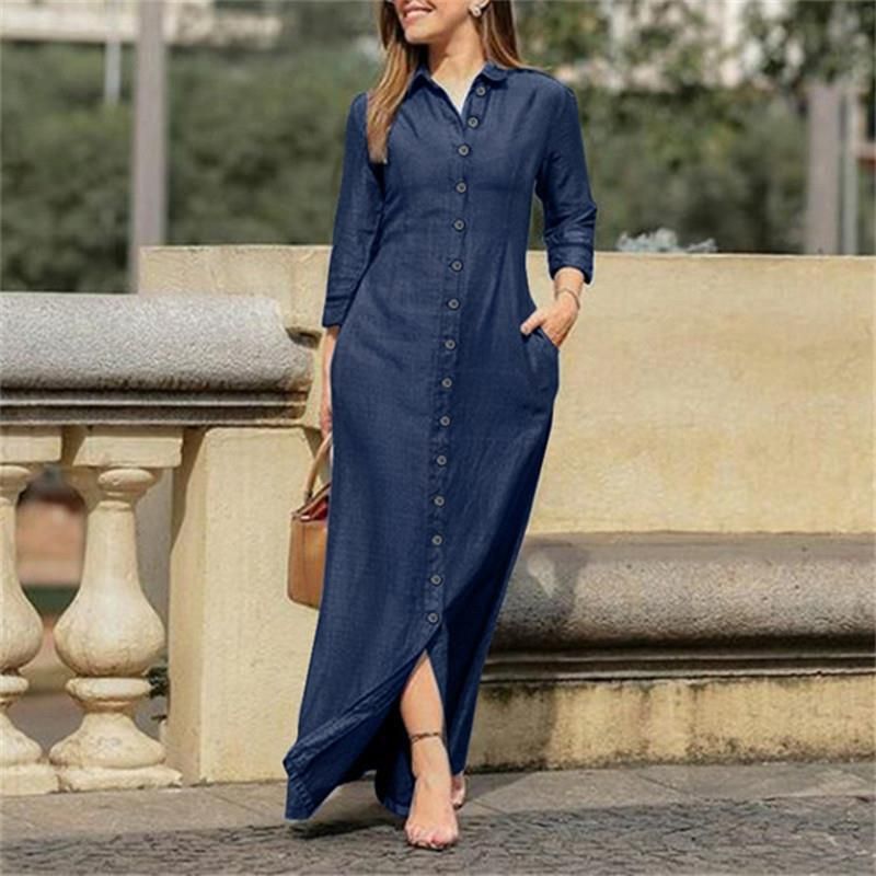 2025 Damenmode Elegantes modisches neutrales Stil Ärmel Umlegekragen Strickjacke Einfarbig Langes Jeanskleid_voghion.com