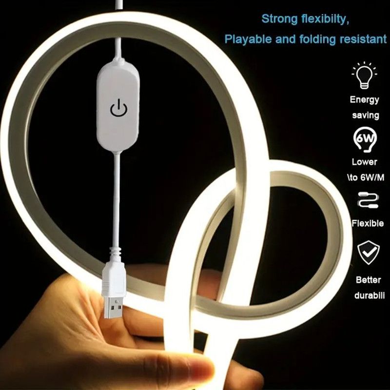 Fita de LED neon com sensor de toque, USB DC 5V, regulável, flexível, silicone, à prova d'água, para decoração de casa e ambientes externos_voghion.com