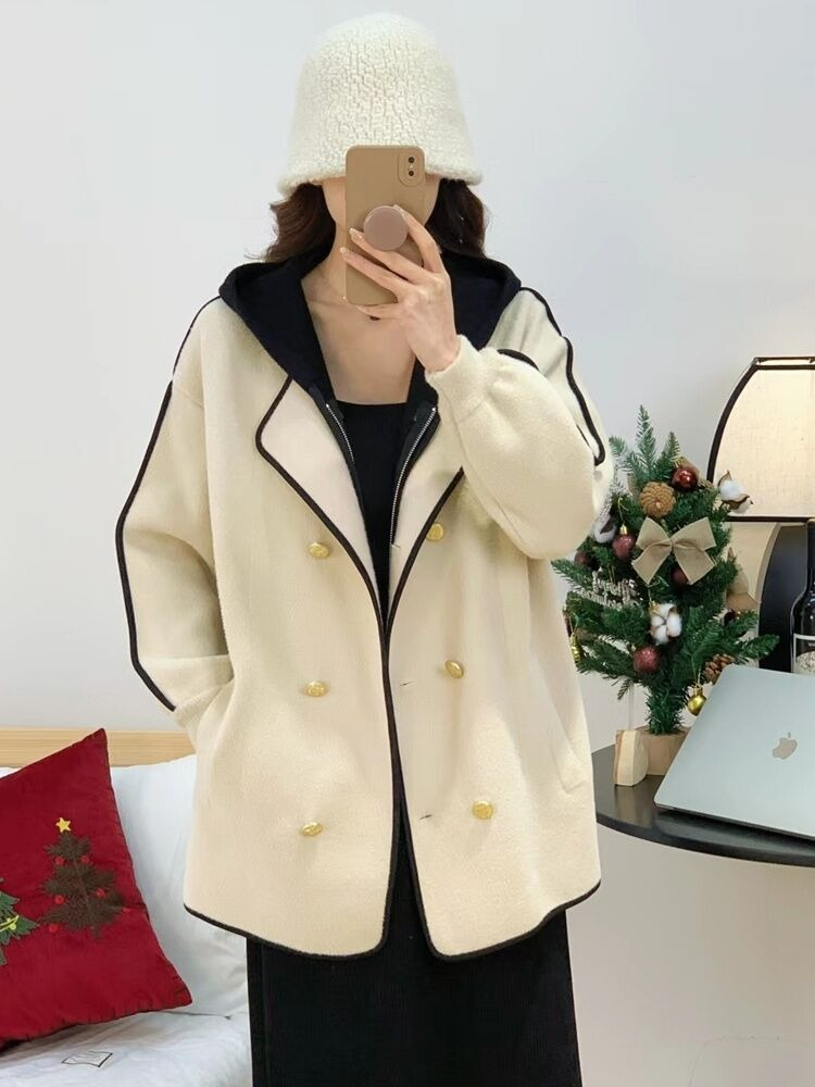 Damenbekleidung zweiteiliger Wollmantel mit Kapuze für Damen Herbst 2024 neuer gestrickter Spleißdesign-doppelseitiger Wollmantel_voghion.com