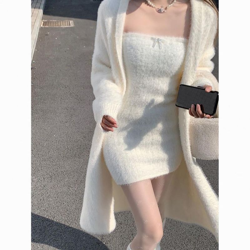 Ensemble deux pièces pour femme, jupe en peluche, doux désir de vieillissement, manteau cardigan en polaire de vison_voghion.com