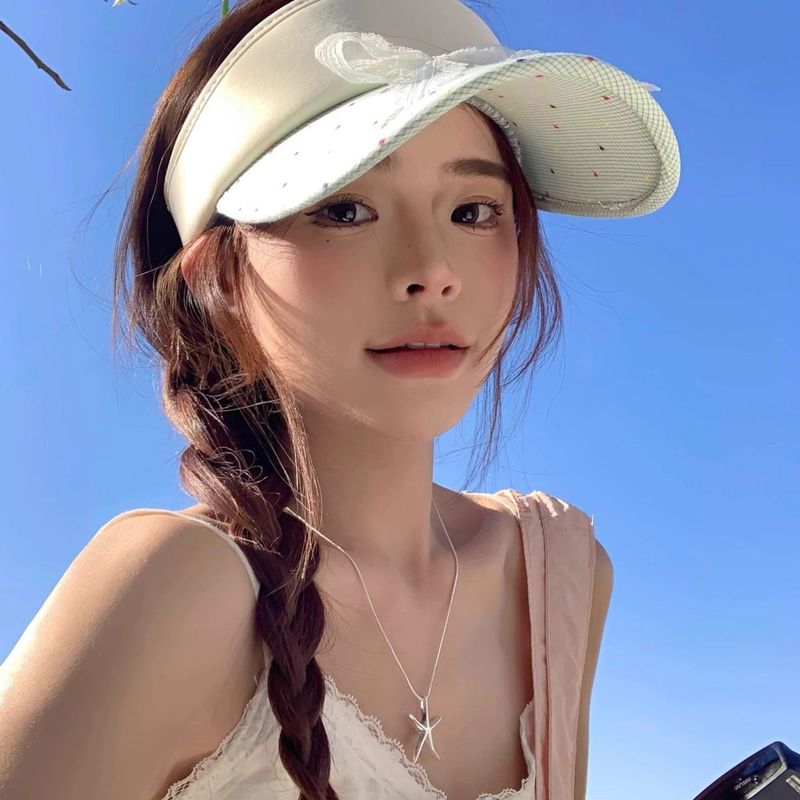 Korean Version Ins Sweet Bow Polka Dot Duck Tongue Visor Women's Summer Sunscreen Empty Top Hat Big Head Circumference Hat Tide_voghion.com
