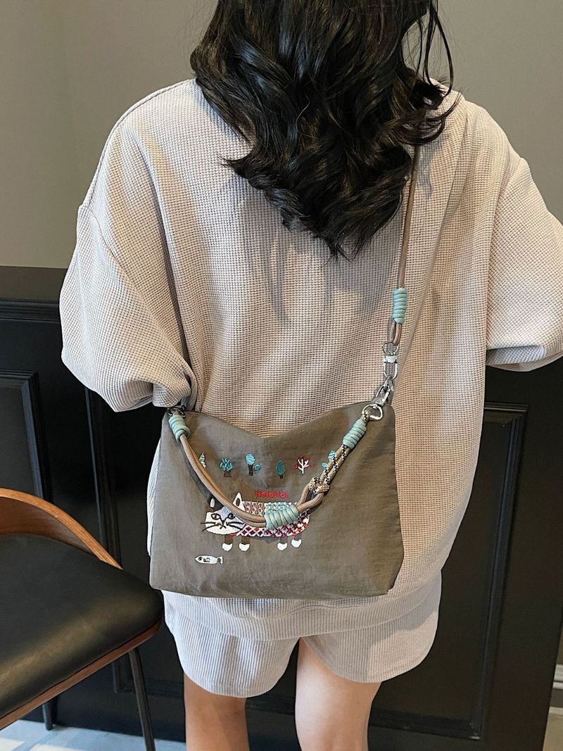 Heavy Embroidered Cat Nylon Tote For Women, Casual Outdoor Commuter Crossbody Bag, Versatile Shoulder Bag_voghion.com