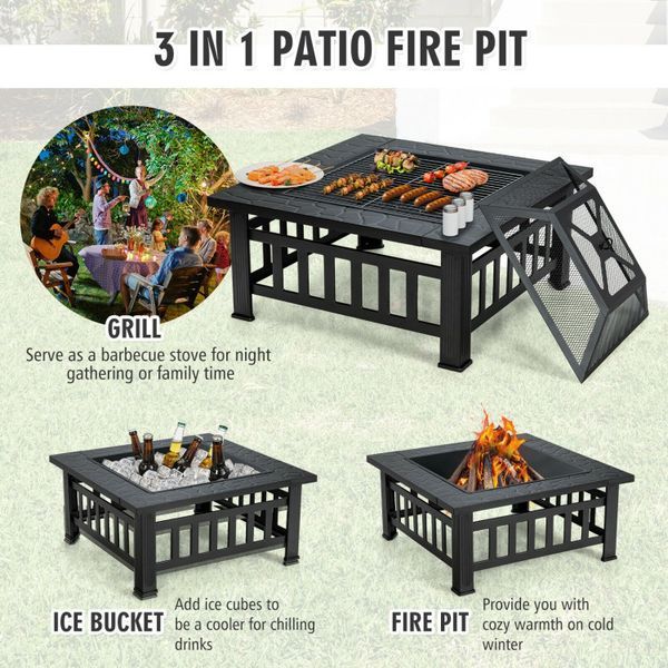 32 Inch 3 In 1 Outdoor Square Fire Pit Table With BBQ Grill And Rain Cover For Camping_voghion.com