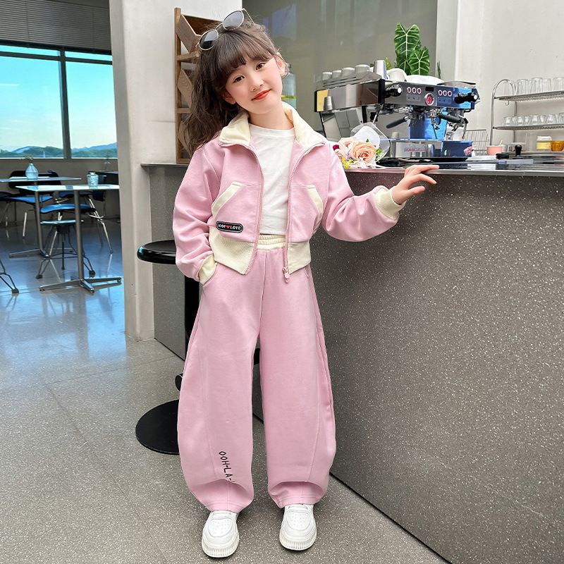 Ensemble deux pièces cardigan pour fille 2024 nouvelle petite veste polyvalente à col montant de style occidental tenue ample de printemps et d'automne_voghion.com