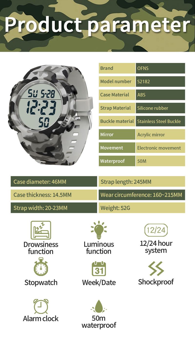 Sport Digital Watch With 50m Waterproof, LED Backlight, Alarm, Stopwatch, Military Camouflage Design For Outdoor Swimming And Daily Wear_voghion.com