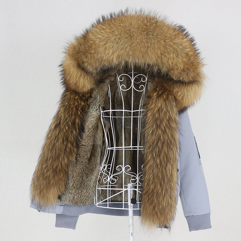 Damenbekleidung Parka im neuen Stil mit dickem Kaninchenfellfutter, abnehmbarem Kragen aus echtem Fuchspelz, Jacke, Pelzmantel für Damen_voghion.com