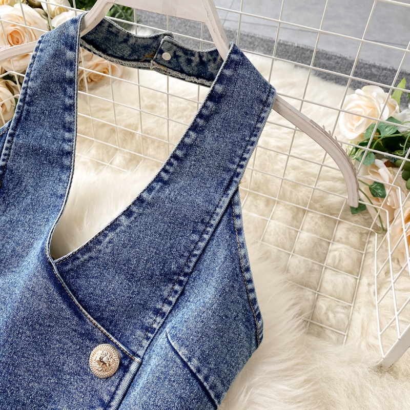 Damemode ærmeløs grime højtaljet slim denim jumpsuit med brede ben_voghion.com