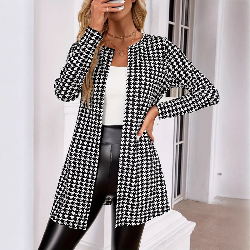 Printed Longline Blazer Jacket For Women – Oversized Tweed Coat With 3D Patterns (S-XXL, Stretch Polyester Spandex, Round Neck Work-to-Weekend Top)_voghion.com