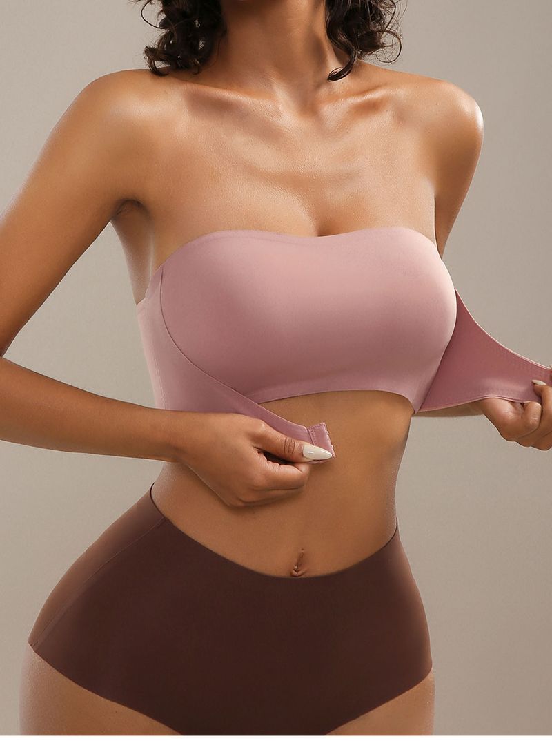Reggiseno bustier senza spalline con chiusura frontale, push-up senza cuciture, con leggera imbottitura, senza ferretto, comfort, tessuto in nylon liscio e traspirante_voghion.com