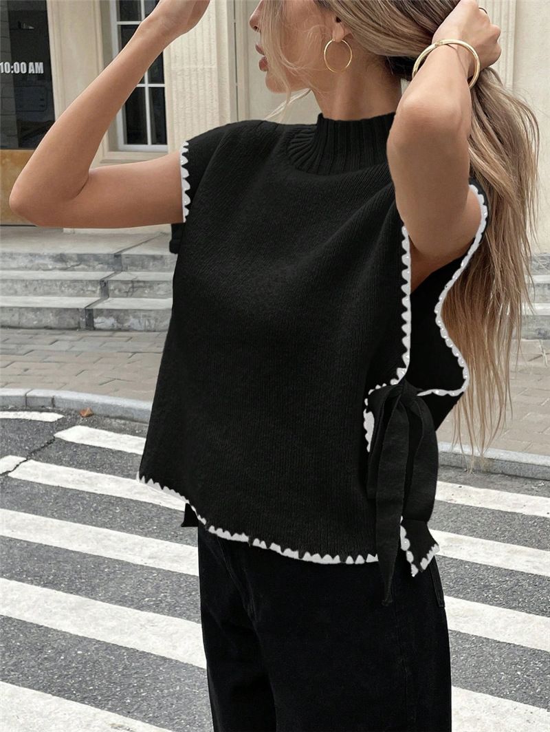 Dameskleding Dames Mouwloos Trui Vest Eenvoudig Ontwerp Contrasterende Kleur Strik Top_voghion.com