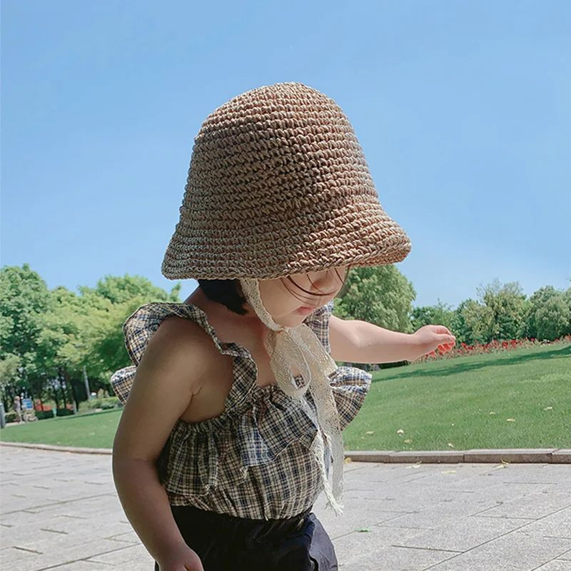 Cappello da pescatore in paglia per bambini, per bambine, ragazzi, estate, spiaggia, viaggi, cappelli per bambini con pizzo regolabile, antivento, corda, accessori alla moda, 2-6 anni_voghion.com