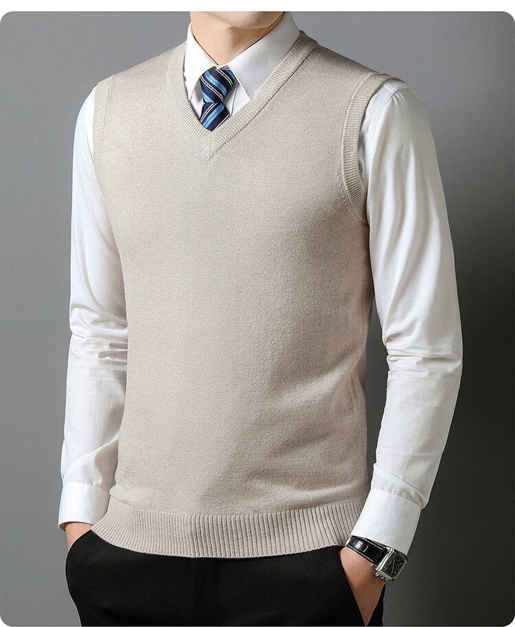 Spring And Autumn Wool Solid Color For Middle-aged Men, High-end V-neck Knitted Sweater, Warm Sleeveless Vest_voghion.com