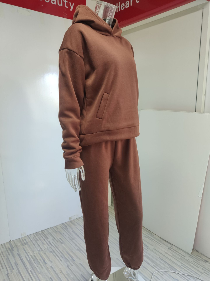 solid color casual fashion trousers thickened long-sleeved hooded sweatshirt suit_voghion.com