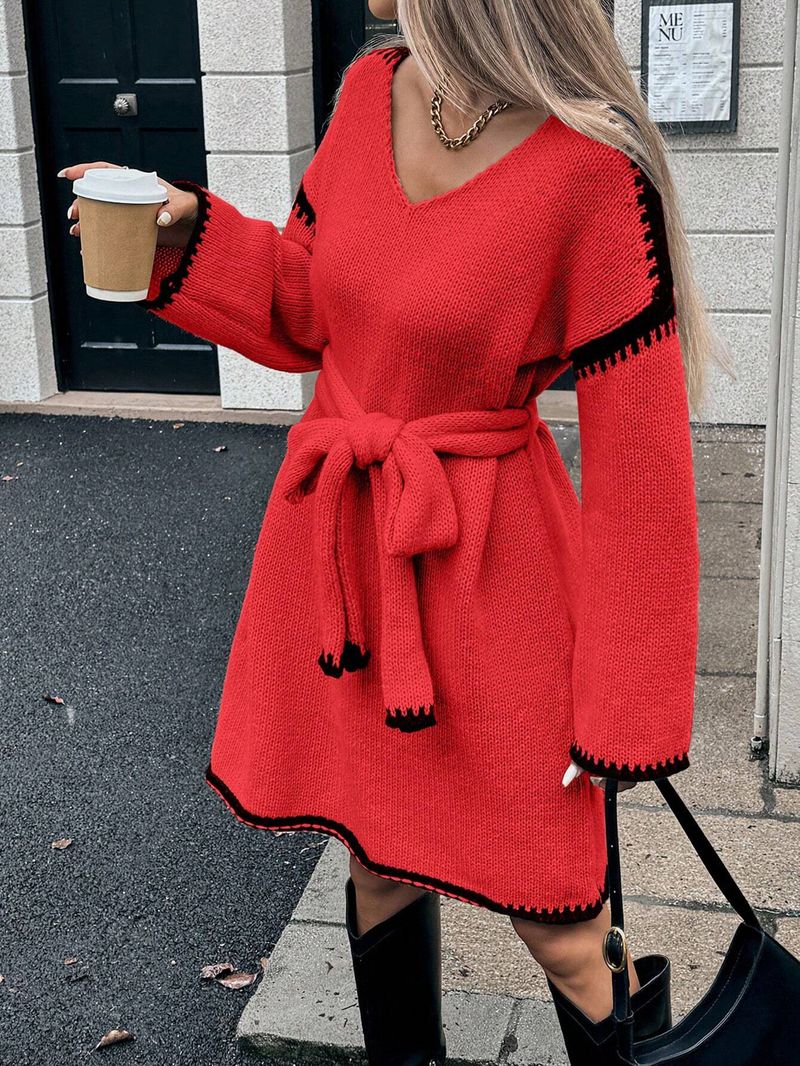 Robe en maille oversize à col en V et ceinture ajustable – Robe longue bohème à manches longues pour l'automne_voghion.com