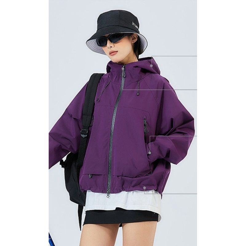 Veste de randonnée coupe-vent à capuche pour femme, imperméable et résistante à l'eau, couleur unie_voghion.com