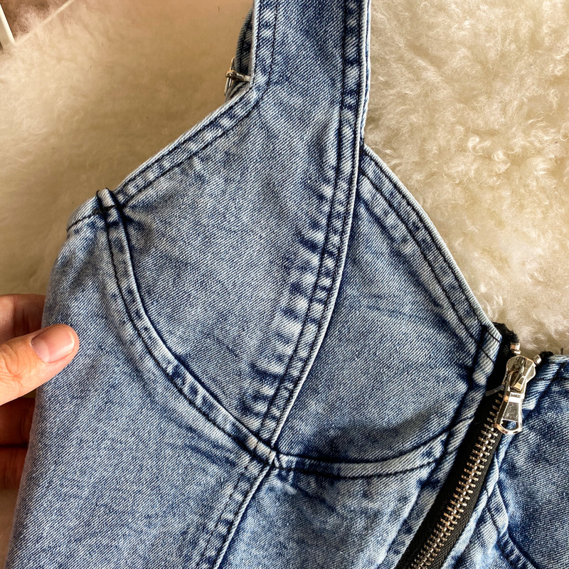 Haut à bretelles en denim rétro français, taille haute, jupe slim aux hanches, style occidental, ensemble deux pièces, nouvelle collection été_voghion.com