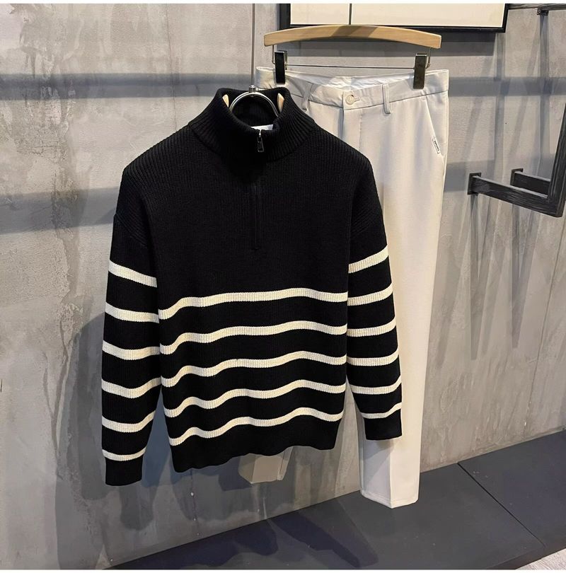 Pull en tricot demi-zip pour homme – Pull décontracté rayé style Hong Kong pour l'automne et l'hiver (noir, tailles M à 3XL)_voghion.com