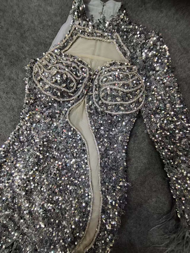 Elegant V-Neck Long Sleeve Bodycon Evening Dress With Slit & Glitter For Parties, Banquets, And Special Occasions_voghion.com