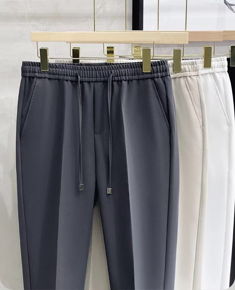 Men's Clothing 2024 Spring And Autumn New Slim Elastic Waist Small Foot Trousers Men's Casual Nine-Point Pants Drape Trendy Straight_voghion.com