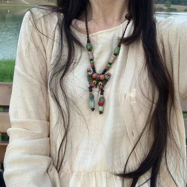 Collana in ceramica di lino e cotone in stile etnico letterario nazionale per donna, serie Butterfly Forest, versatile maglione lungo_voghion.com