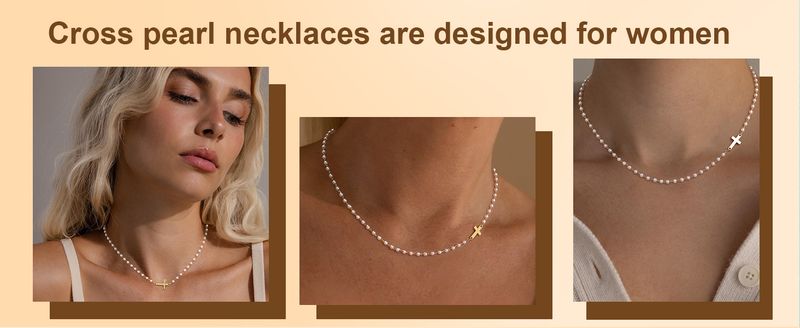 Colar de Pérolas com Cruz para Mulheres, Colar Eterno de Pérolas Douradas com Pingente de Cruz, Colar Delicado de Pérolas e Cruz, Joia Cristã para Presente_voghion.com