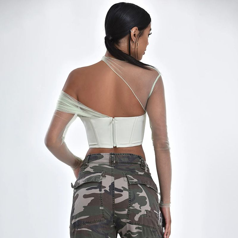 Women's temperament sexy see-through mesh stitching chest top_voghion.com