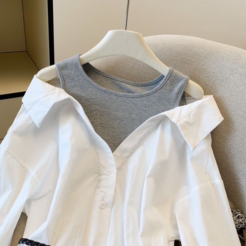"Giacca con spalle scoperte di ispirazione francese – Top a strati a maniche lunghe da donna"_voghion.com