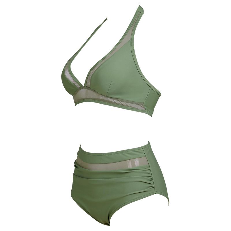 Maillot de bain une pièce sexy ajouré couleur unie, maillot de bain une pièce en maille épissée, taille haute, décolleté plongeant_voghion.com