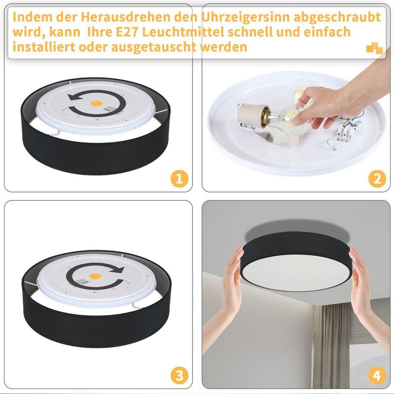 Glitzerlife Deckenlampe Weiß Deckenleuchte Rund - Moderne Schlafzimmerlampe 2 Flammig E27 Stoff Wohnzimmerlampe 38CM Küchenlampe Mit Stoffschirm Flurlampe_voghion.com