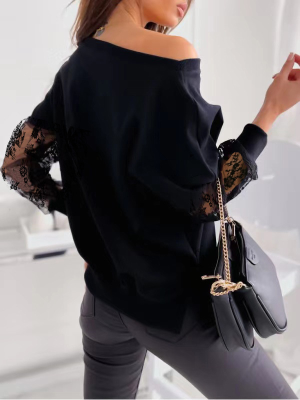 Women's Clothing spring and summer solid color lace splicing long sleeved T shirt_voghion.com