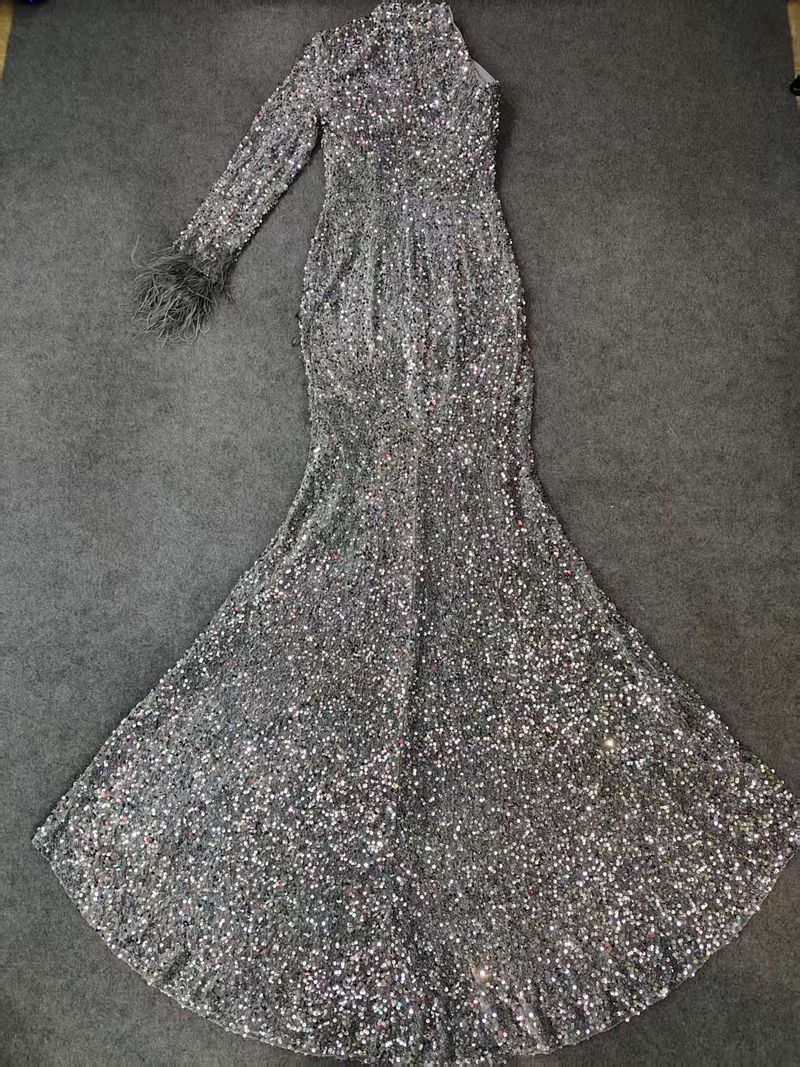 Elegant V-Neck Long Sleeve Bodycon Evening Dress With Slit & Glitter For Parties, Banquets, And Special Occasions_voghion.com