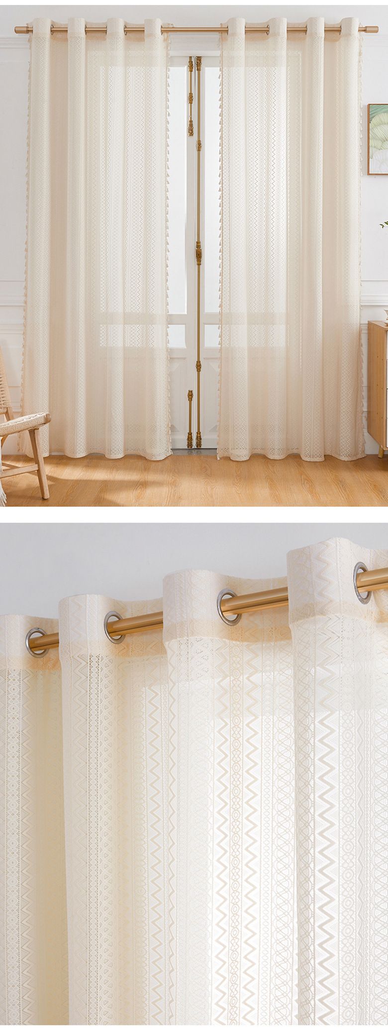 Modern Sheer Curtains For Living Room & Bedroom - Light Filtering Polyester, Eyelet Design, 140x160/200/260cm (Green, Beige)_voghion.com