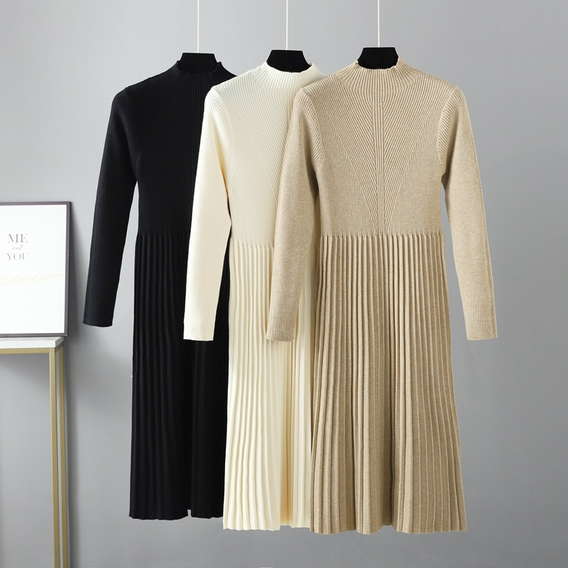 Einfarbiges, halbhohes, verdicktes, knielanges Midi-Taillenkleid für Damen_voghion.com
