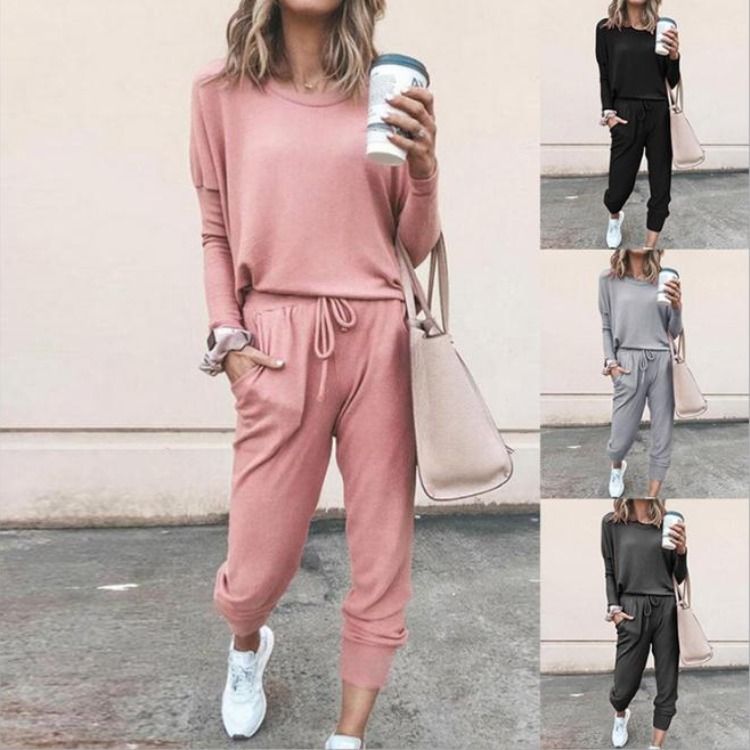 Solid Color Loose Casual Suit For Women Spring And Autumn New Round Neck Long Sleeved Harem Pants Two-Piece Set_voghion.com