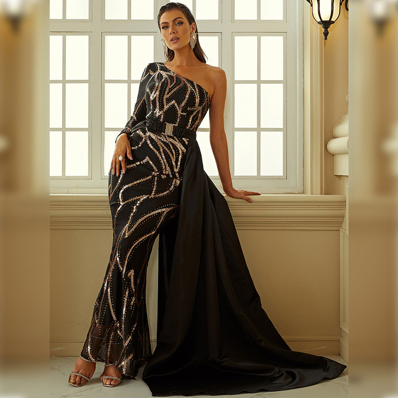 Damenbekleidung Temperament Bankett One-Shoulder-Langarm-Umhang Kleines nachlaufendes Brautjungfernkleid Abendkleid weiblich_voghion.com
