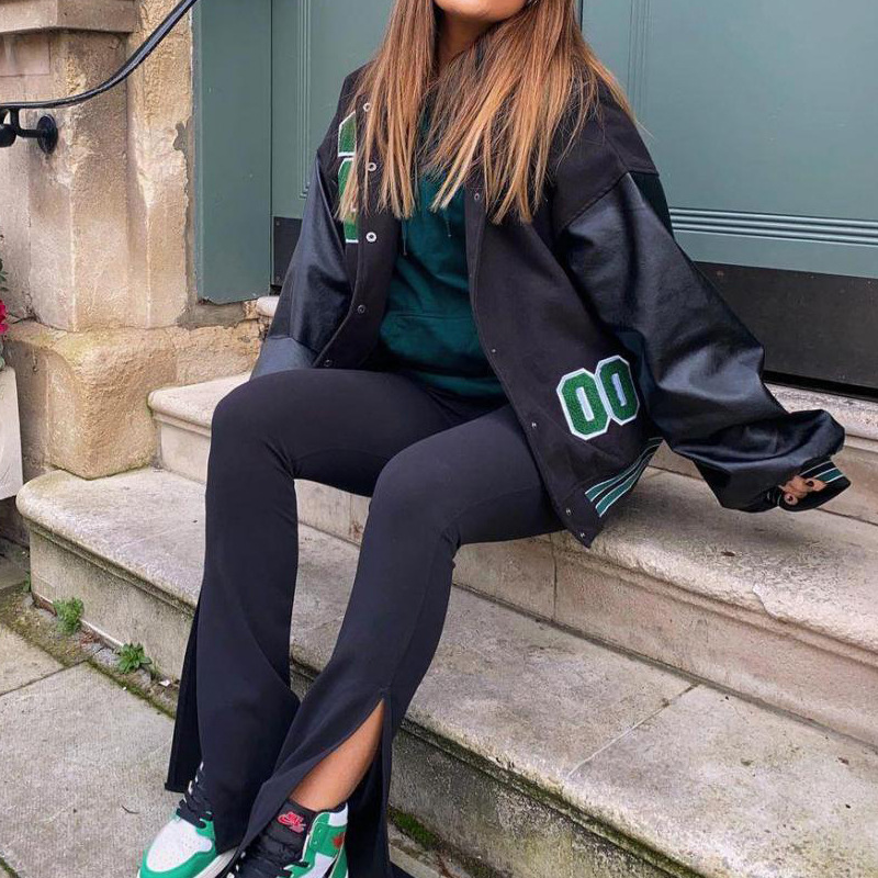 Chaqueta de béisbol engrosada de lana con letras para mujer_voghion.com