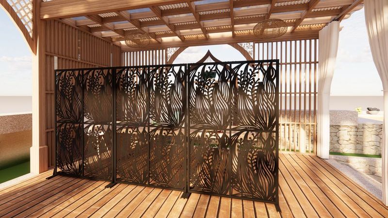 Metal Privacy Screens W3.8Ft X H6Ft Outdoor And Indoor Divider With Free Standing Decorative Privacy Screen For Balcony Patio Garden Room Divider, Black Leaf Shape_voghion.com