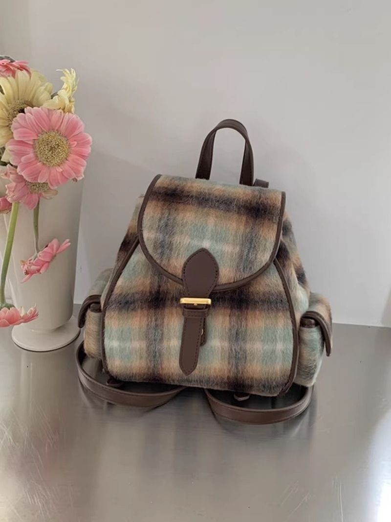 Vintage Woolen Velvet Whi Checkered Autumn Winr College Style Student Backpack For Women Commuting Simple British_voghion.com