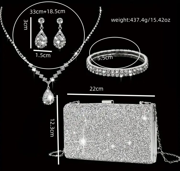 set di gioielli da sera con scatola quadrata con diamante monofacciale, quattro pezzi, collana, orecchini e bracciale con goccia d'acqua, set di borse per feste di nozze_voghion.com