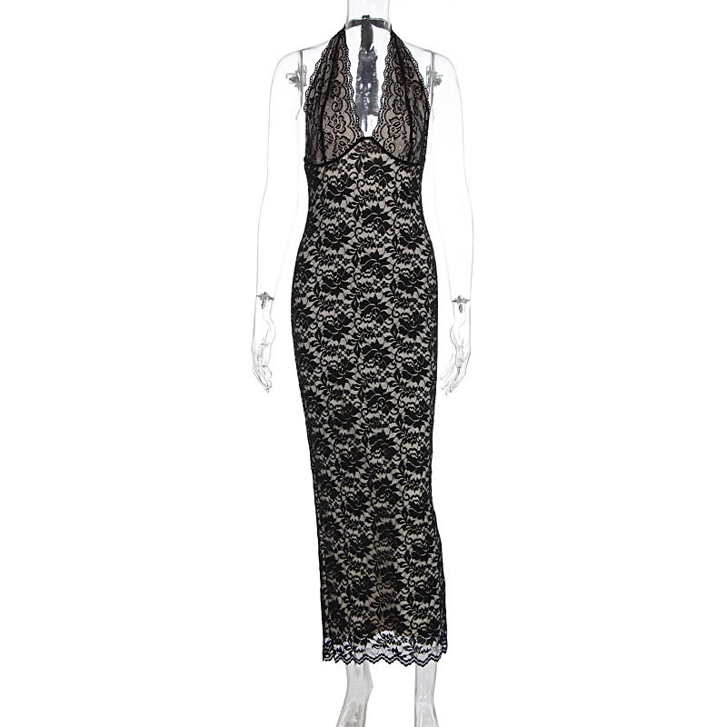 Abito estivo in pizzo con scollo all'americana – Abito lungo aderente sexy con spacco profondo, rete trasparente e vestibilità elasticizzata – Abito da sera elegante e audace (S-L, nero/bordeaux)_voghion.com